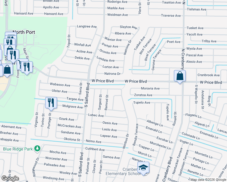 map of restaurants, bars, coffee shops, grocery stores, and more near 3607 Woodbridge Avenue in North Port