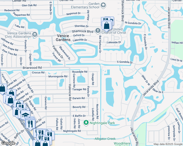 map of restaurants, bars, coffee shops, grocery stores, and more near 1150 Rosedale Rd in Venice