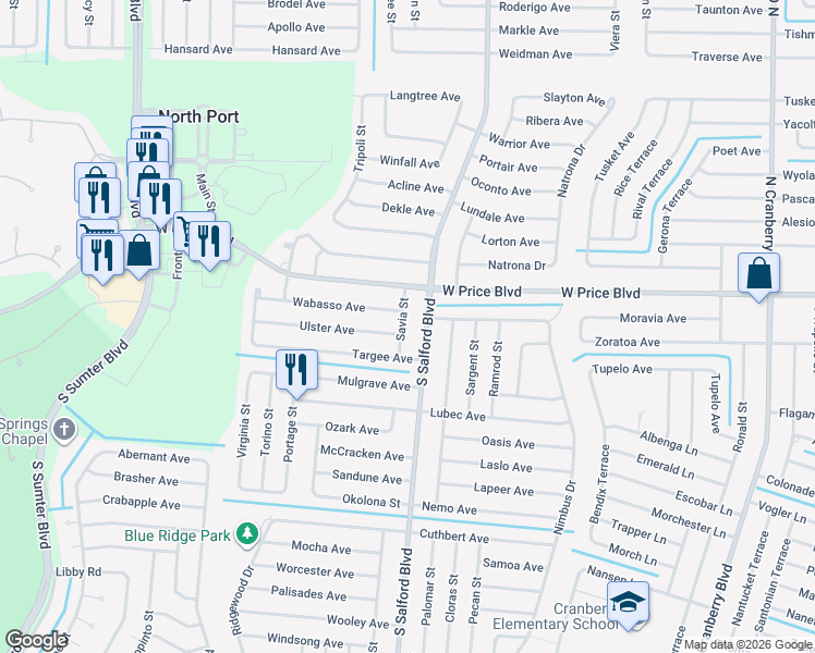map of restaurants, bars, coffee shops, grocery stores, and more near 1166 Savia Street in North Port