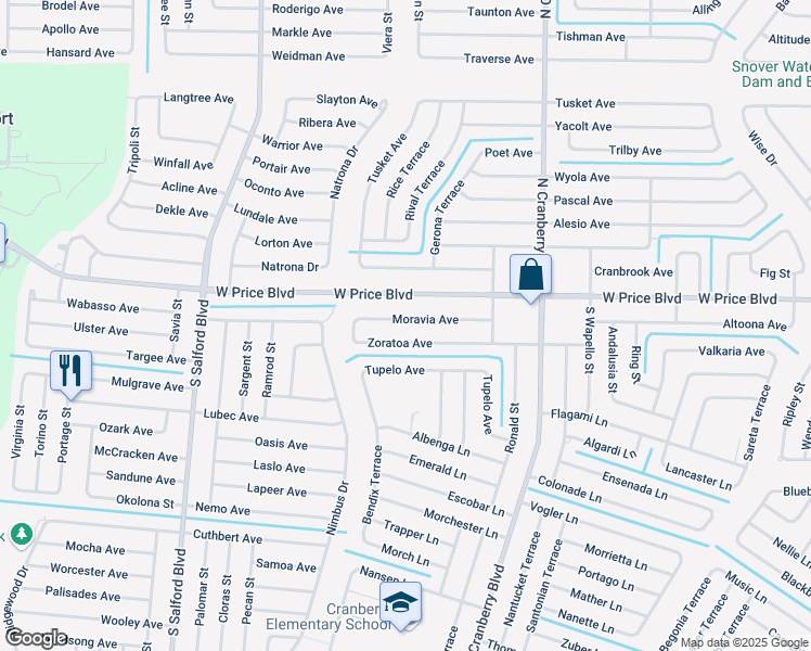 map of restaurants, bars, coffee shops, grocery stores, and more near 3381 Moravia Avenue in North Port