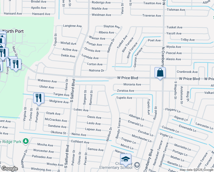 map of restaurants, bars, coffee shops, grocery stores, and more near 1154 Woodbridge Avenue in North Port