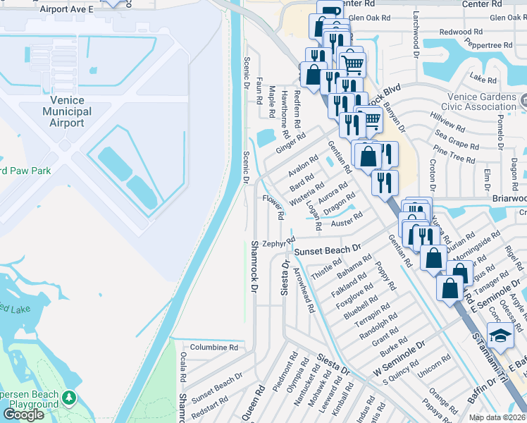 map of restaurants, bars, coffee shops, grocery stores, and more near 2515 Dawn Road in Venice