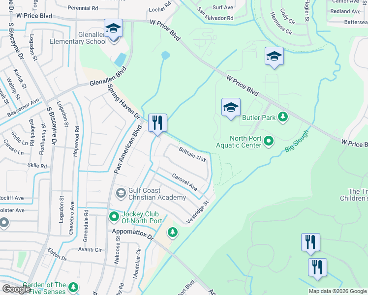 map of restaurants, bars, coffee shops, grocery stores, and more near 5239 Grand Cypress Boulevard in North Port