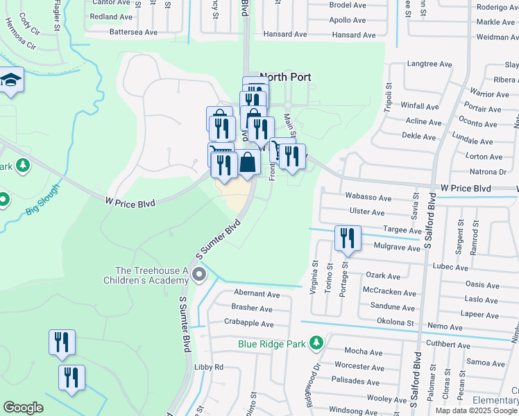 map of restaurants, bars, coffee shops, grocery stores, and more near 4805 White Ibis Drive in North Port