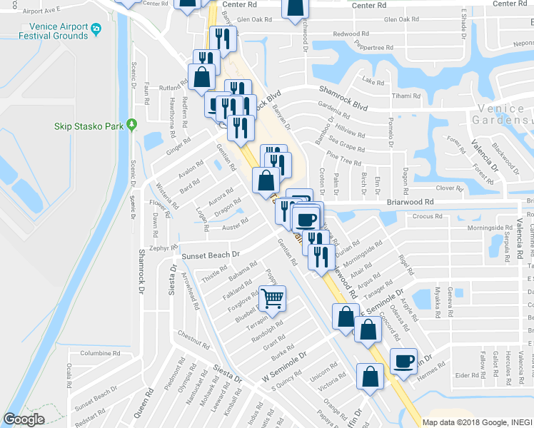 map of restaurants, bars, coffee shops, grocery stores, and more near 2523 Gentian Road in Venice