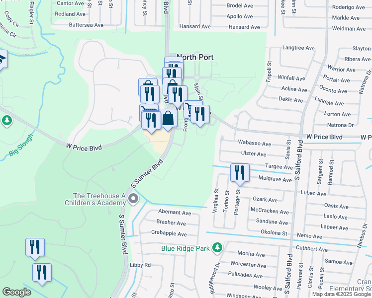 map of restaurants, bars, coffee shops, grocery stores, and more near 4805 White Ibis Drive in North Port
