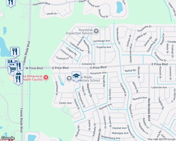 map of restaurants, bars, coffee shops, grocery stores, and more near 1548 Geranium Avenue in North Port