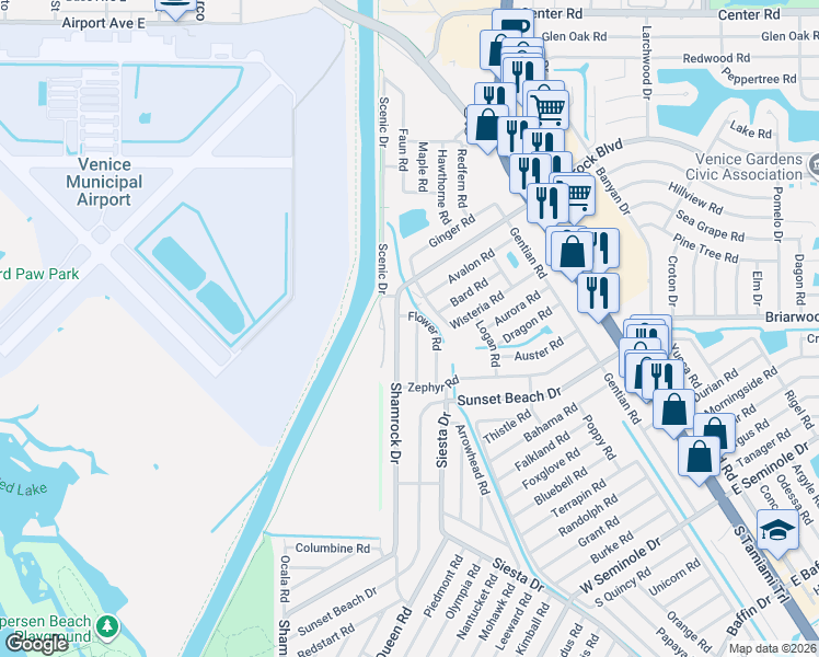 map of restaurants, bars, coffee shops, grocery stores, and more near 2515 Dawn Road in Venice