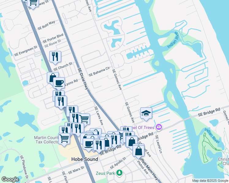 map of restaurants, bars, coffee shops, grocery stores, and more near 9007 Southeast Pine Cone Lane in Hobe Sound