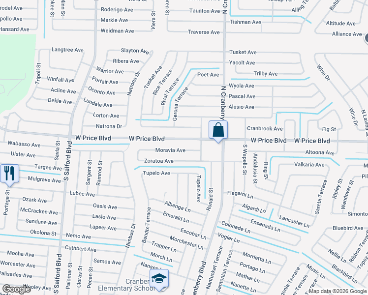map of restaurants, bars, coffee shops, grocery stores, and more near 3268 Moravia Avenue in North Port
