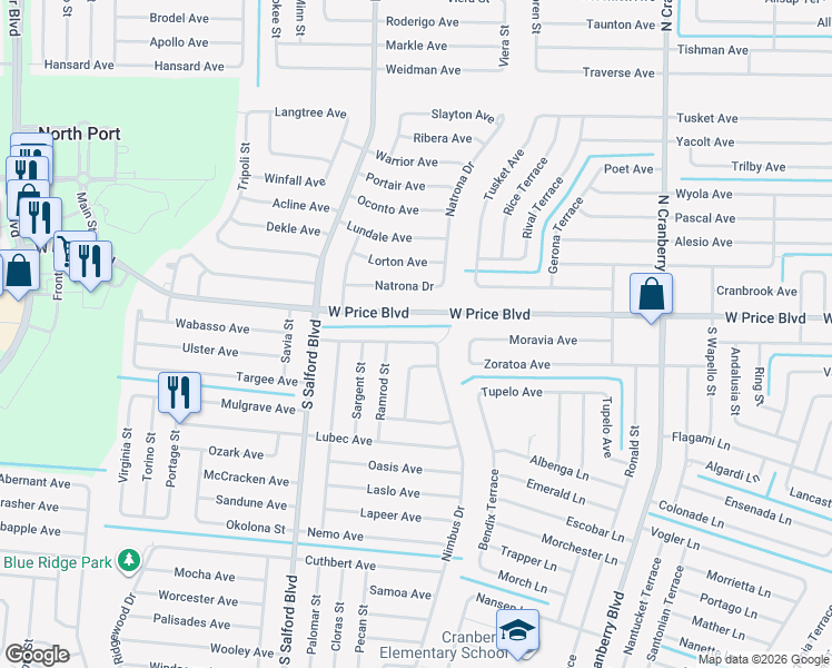 map of restaurants, bars, coffee shops, grocery stores, and more near 3607 Woodbridge Avenue in North Port