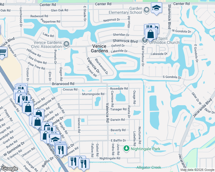 map of restaurants, bars, coffee shops, grocery stores, and more near 856 Rosedale Road in Venice
