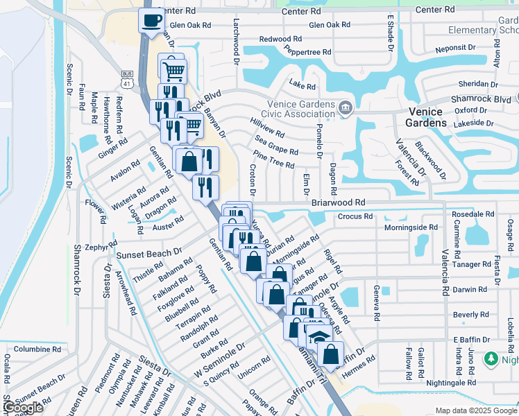 map of restaurants, bars, coffee shops, grocery stores, and more near 2532 Oneida Road in Venice