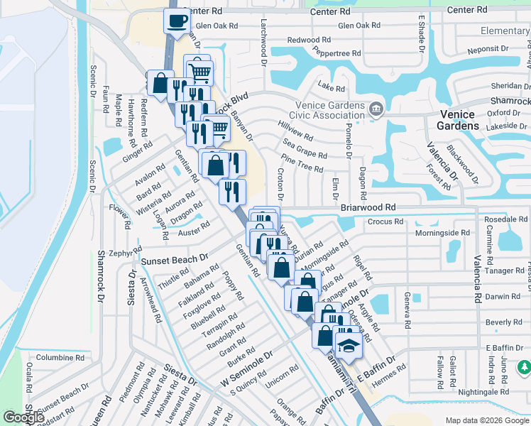 map of restaurants, bars, coffee shops, grocery stores, and more near 110 Oneida Road in Venice