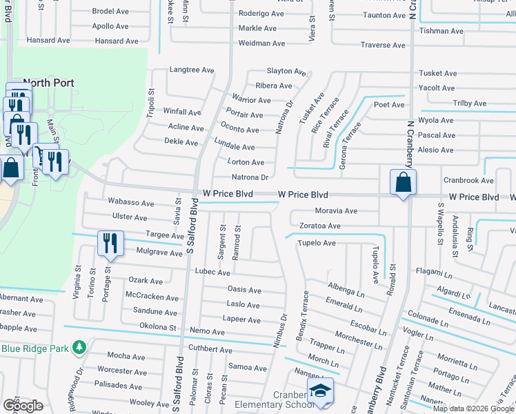 map of restaurants, bars, coffee shops, grocery stores, and more near 3607 Woodbridge Avenue in North Port