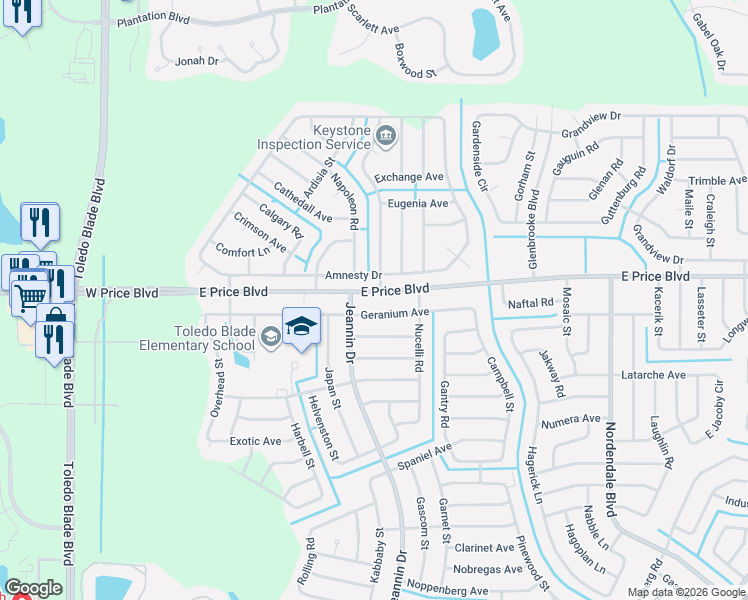 map of restaurants, bars, coffee shops, grocery stores, and more near 1548 Geranium Avenue in North Port