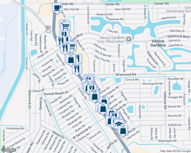 map of restaurants, bars, coffee shops, grocery stores, and more near 2532 Oneida Road in Venice