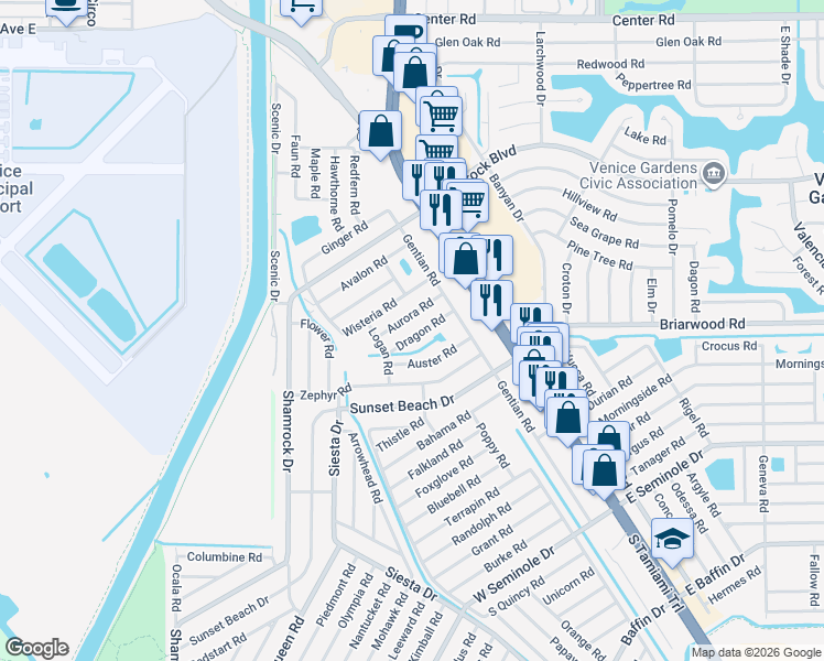 map of restaurants, bars, coffee shops, grocery stores, and more near 290 Dragon Road in Venice