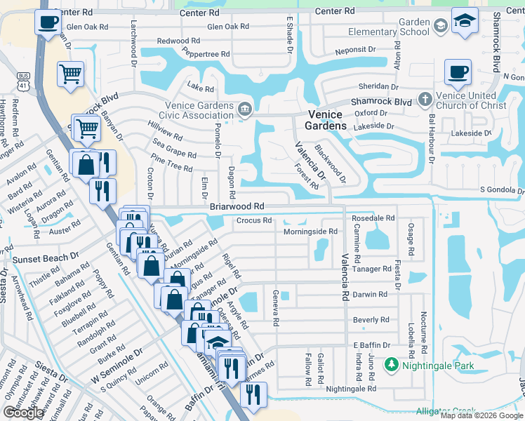 map of restaurants, bars, coffee shops, grocery stores, and more near 592 Crocus Road in Venice