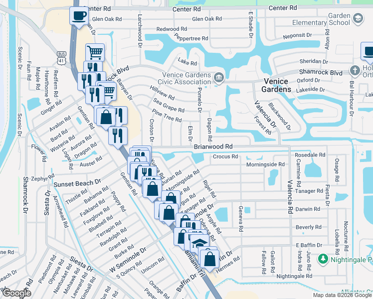 map of restaurants, bars, coffee shops, grocery stores, and more near 275 Rigel Road in Venice
