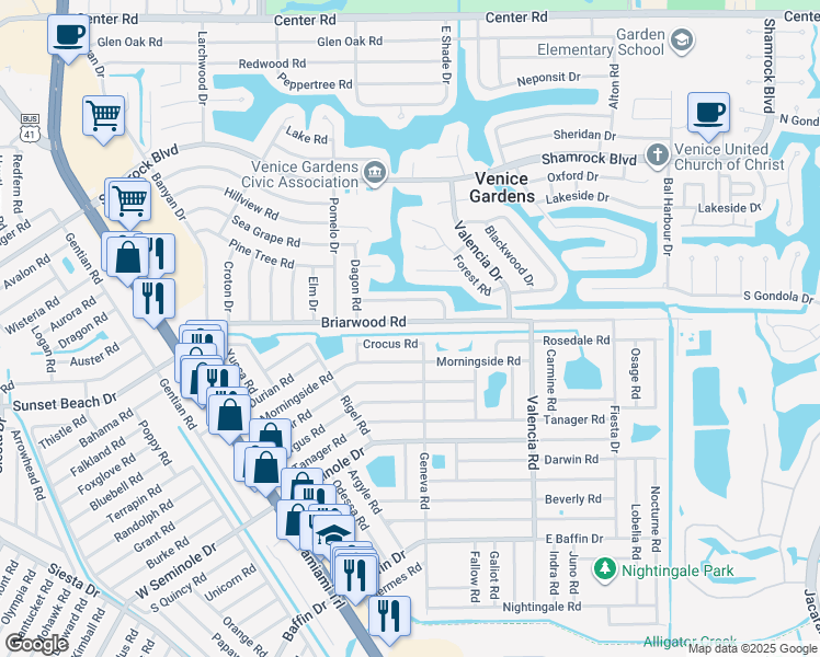 map of restaurants, bars, coffee shops, grocery stores, and more near 430 Briarwood Road in Venice