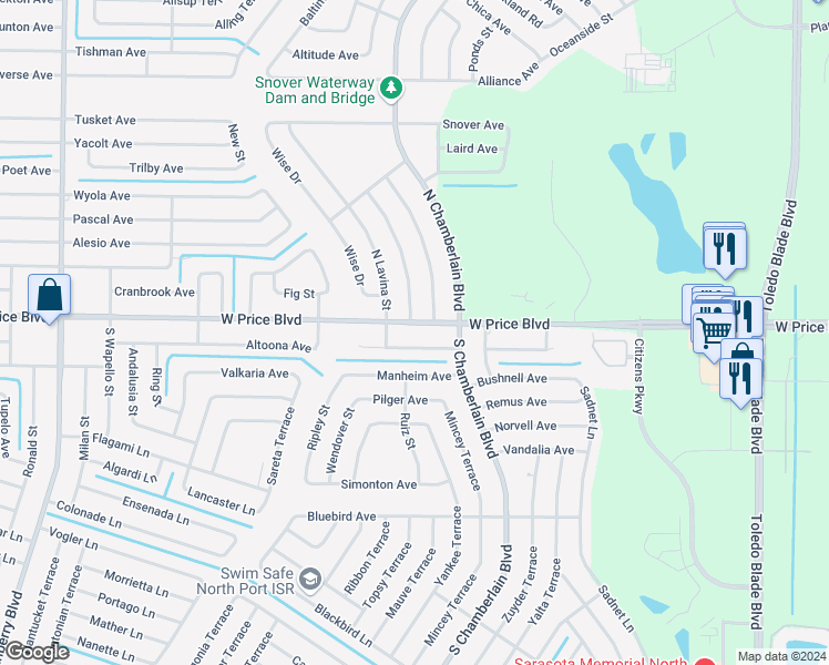 map of restaurants, bars, coffee shops, grocery stores, and more near 2137 Jameson Avenue in North Port