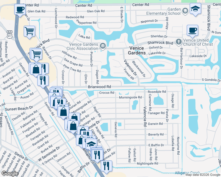 map of restaurants, bars, coffee shops, grocery stores, and more near 592 Crocus Road in Venice