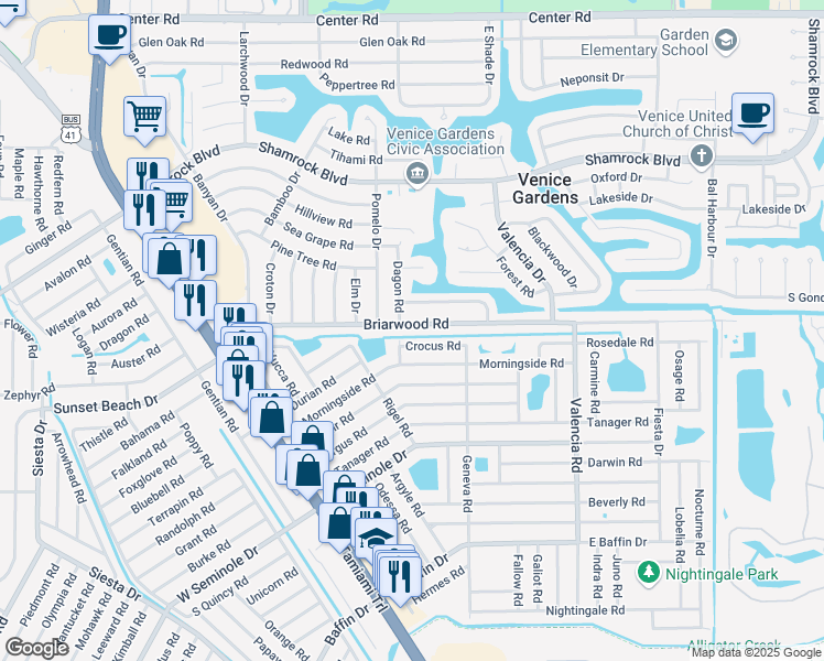 map of restaurants, bars, coffee shops, grocery stores, and more near 2561 Dagon Road in Venice
