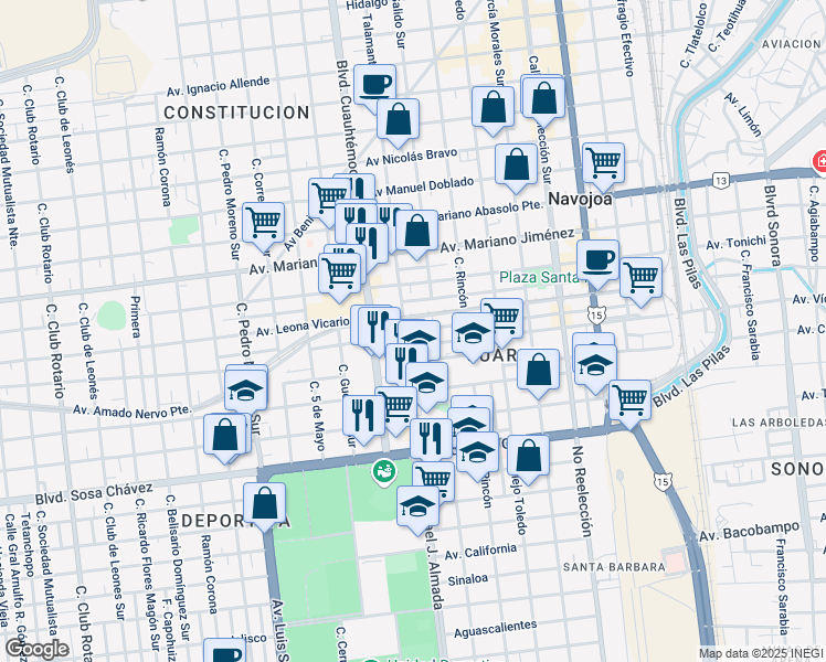 map of restaurants, bars, coffee shops, grocery stores, and more near Calle Boulevard Rafael J. Almada in Navojoa