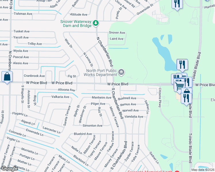 map of restaurants, bars, coffee shops, grocery stores, and more near 2137 Jameson Avenue in North Port