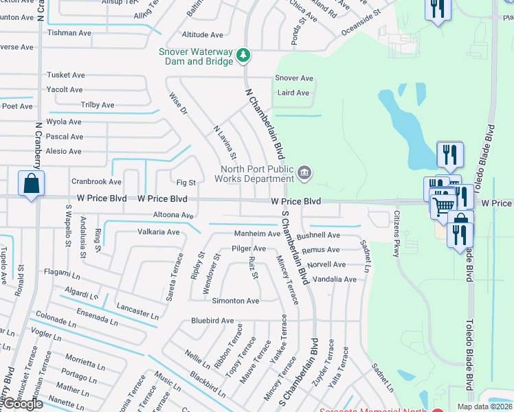 map of restaurants, bars, coffee shops, grocery stores, and more near 2137 Jameson Avenue in North Port