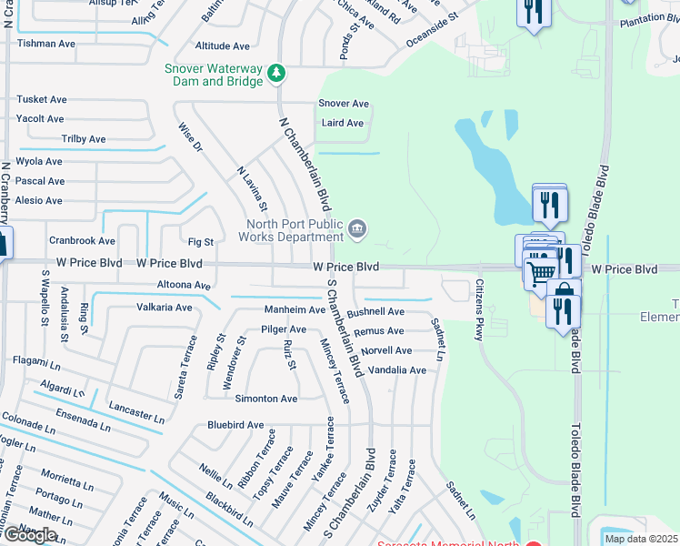 map of restaurants, bars, coffee shops, grocery stores, and more near 1112 South Chamberlain Boulevard in North Port