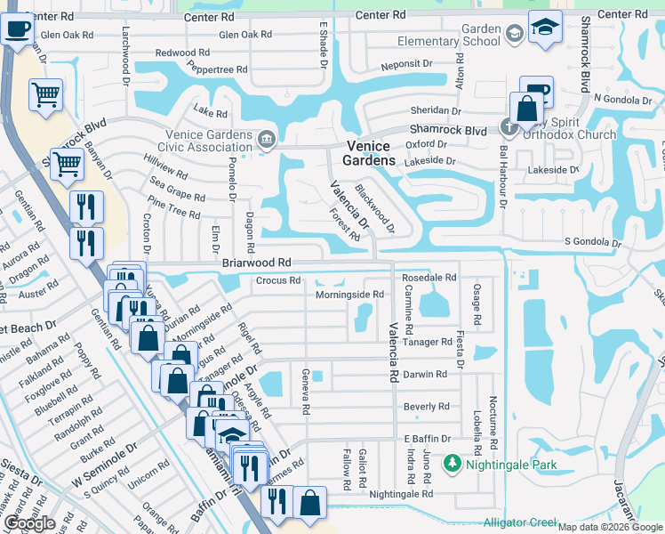 map of restaurants, bars, coffee shops, grocery stores, and more near 735 Morningside Road in Venice