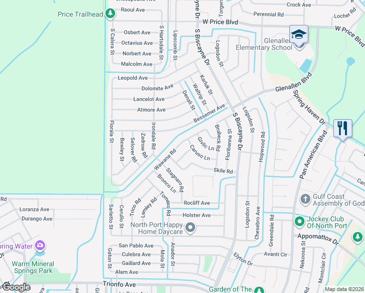 map of restaurants, bars, coffee shops, grocery stores, and more near 8475 Wawana Road in North Port