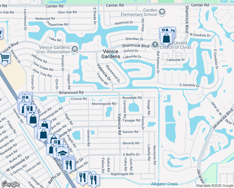 map of restaurants, bars, coffee shops, grocery stores, and more near 856 Rosedale Road in Venice