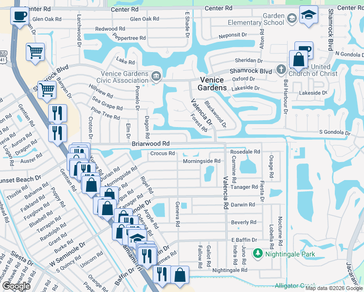map of restaurants, bars, coffee shops, grocery stores, and more near 735 Morningside Road in Venice