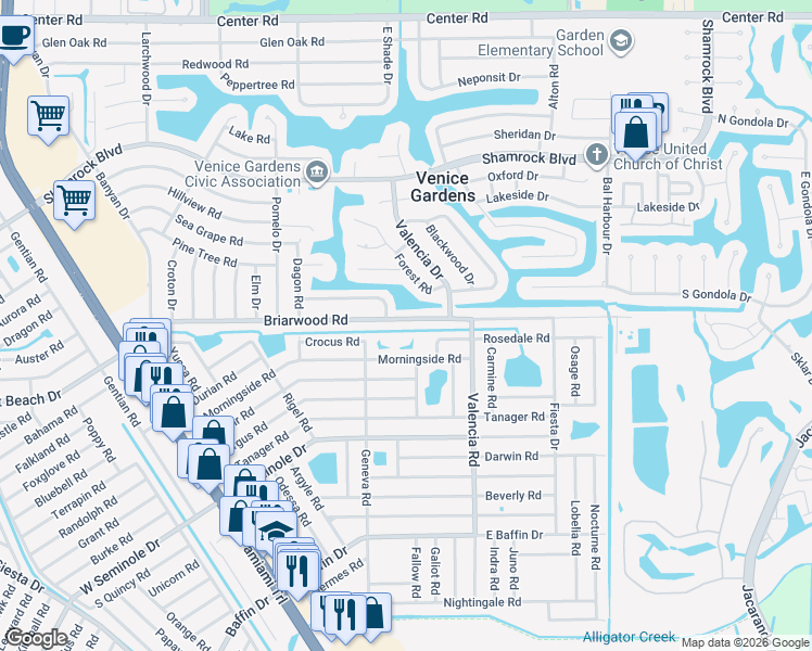 map of restaurants, bars, coffee shops, grocery stores, and more near 771 Morningside Road in Venice