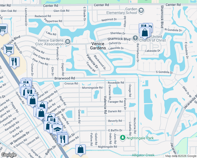 map of restaurants, bars, coffee shops, grocery stores, and more near 980 Sandlewood Drive in Venice