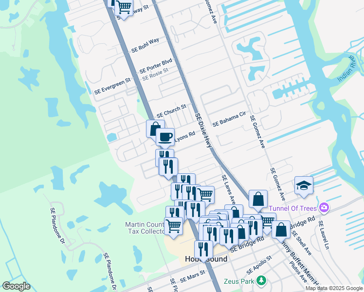 map of restaurants, bars, coffee shops, grocery stores, and more near 8535 Southeast Lyons Road in Hobe Sound