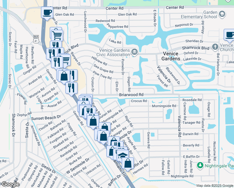 map of restaurants, bars, coffee shops, grocery stores, and more near 1794 Elm Drive in Venice