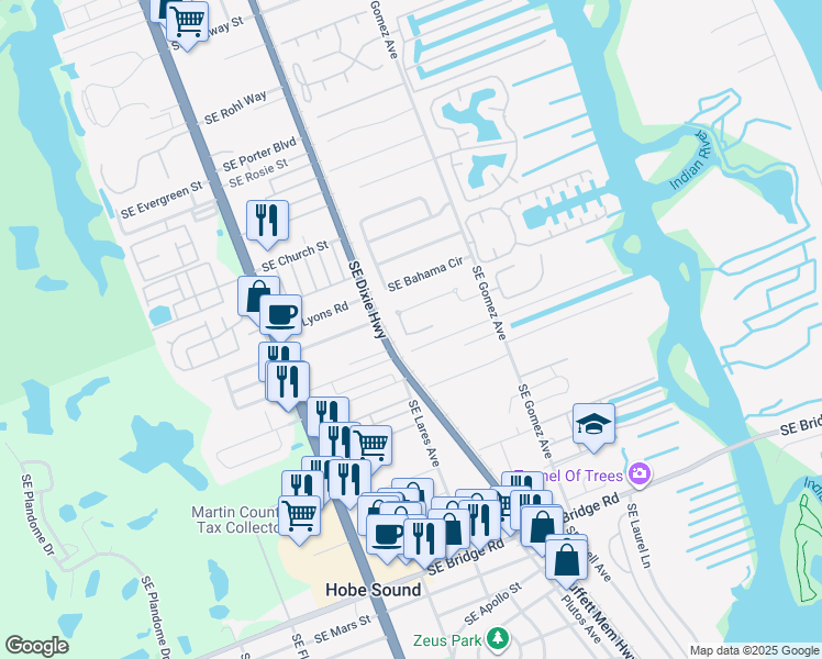 map of restaurants, bars, coffee shops, grocery stores, and more near 8837 Southeast Rigdon Way in Hobe Sound