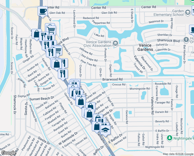 map of restaurants, bars, coffee shops, grocery stores, and more near 1786 Birch Drive in Venice