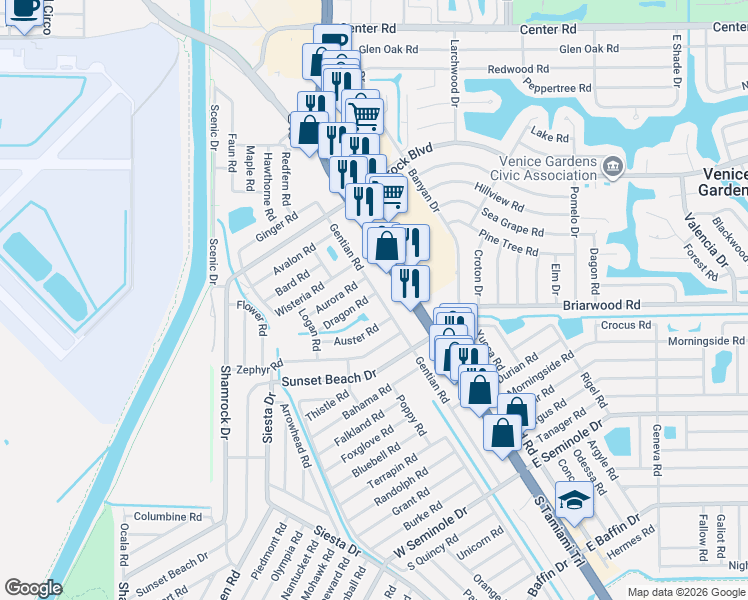 map of restaurants, bars, coffee shops, grocery stores, and more near 155 Aurora Road in Venice