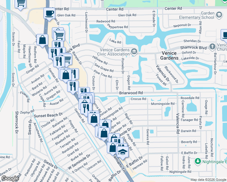 map of restaurants, bars, coffee shops, grocery stores, and more near 1786 Birch Drive in Venice
