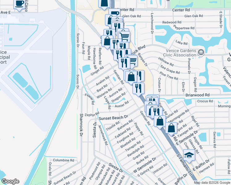 map of restaurants, bars, coffee shops, grocery stores, and more near 301 Wisteria Road in Venice