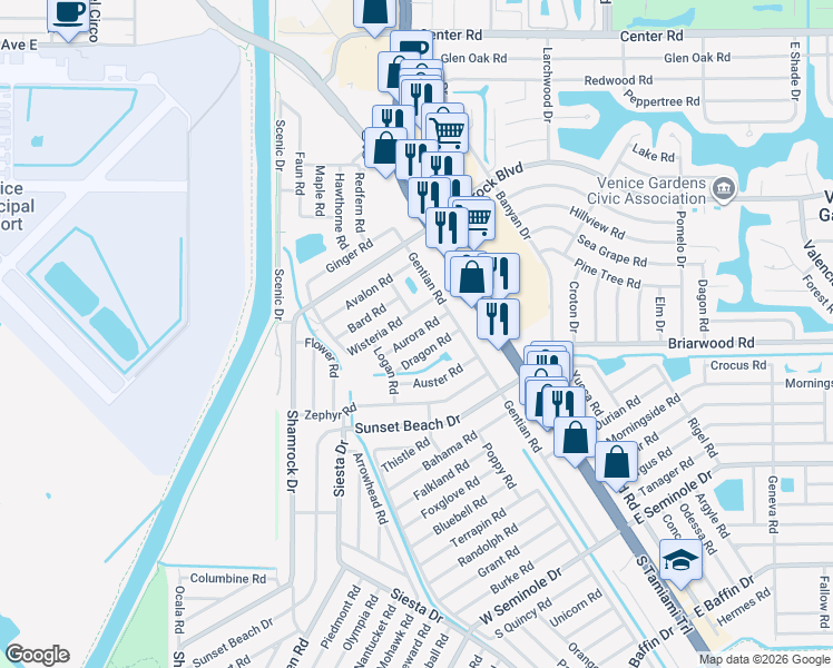 map of restaurants, bars, coffee shops, grocery stores, and more near 301 Wisteria Road in Venice