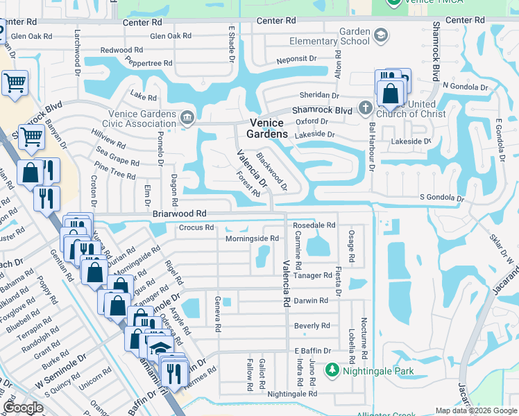 map of restaurants, bars, coffee shops, grocery stores, and more near 1786 Forest Road in Venice