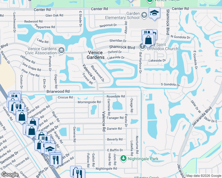 map of restaurants, bars, coffee shops, grocery stores, and more near 549 Briarwood Road in Venice