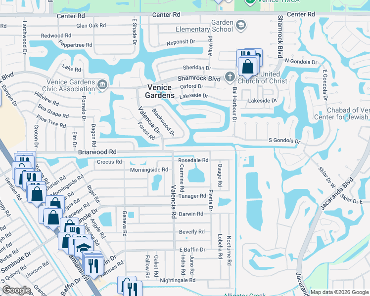 map of restaurants, bars, coffee shops, grocery stores, and more near 549 Briarwood Road in Venice