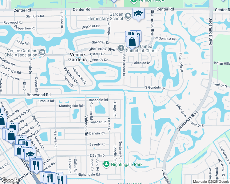 map of restaurants, bars, coffee shops, grocery stores, and more near 625 Briarwood Road in Venice